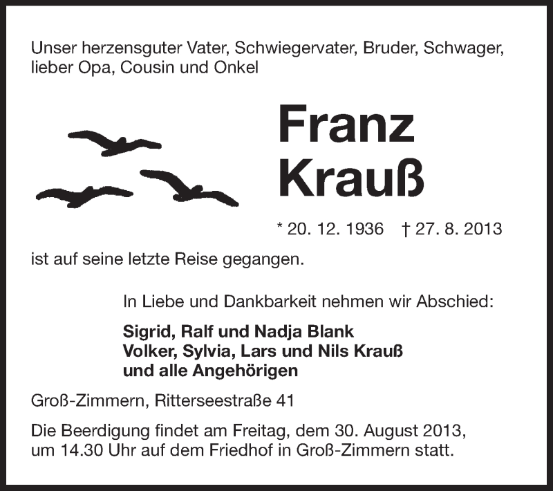  Traueranzeige für Franz Krauß vom 29.08.2013 aus Echo-Zeitungen (Gesamtausgabe)