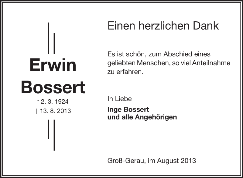  Traueranzeige für Erwin Bossert vom 31.08.2013 aus Rüsselsheimer Echo, Groß-Gerauer-Echo, Ried Echo