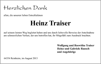 Traueranzeige von Heinz Traiser von Darmstädter Echo, Odenwälder Echo, Rüsselsheimer Echo, Groß-Gerauer-Echo, Ried Echo
