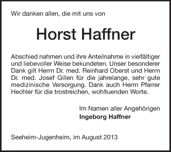 Traueranzeige von Horst Haffner von Echo-Zeitungen (Gesamtausgabe)