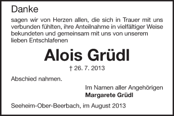 Traueranzeige von Alois Grüdl von Echo-Zeitungen (Gesamtausgabe)