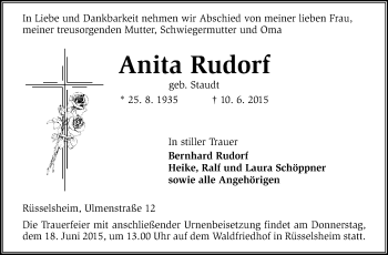 Traueranzeige von Anita Rudorf von Rüsselsheimer Echo, Groß-Gerauer-Echo, Ried Echo