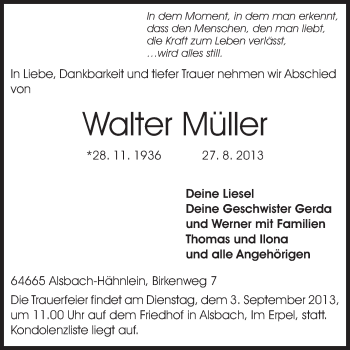 Traueranzeige von Walter Müller von Echo-Zeitungen (Gesamtausgabe)