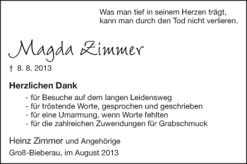 Traueranzeige von Magda Zimmer von Echo-Zeitungen (Gesamtausgabe)