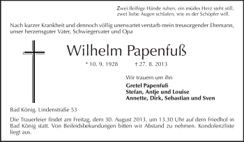 Traueranzeige von Wilhelm Papenfuß von Odenwälder Echo