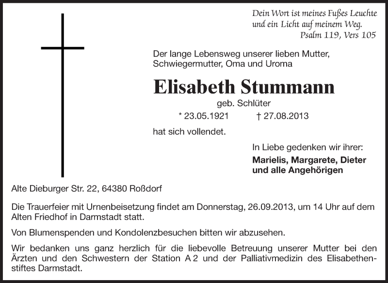  Traueranzeige für Elisabeth Stummann vom 31.08.2013 aus Echo-Zeitungen (Gesamtausgabe)
