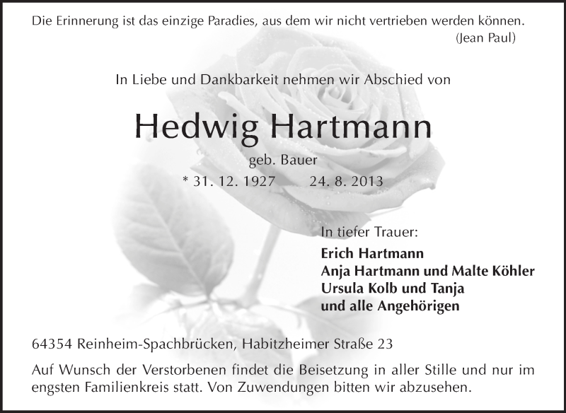  Traueranzeige für Hedwig Hartmann vom 31.08.2013 aus Echo-Zeitungen (Gesamtausgabe)