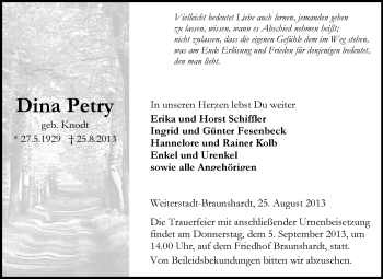 Traueranzeige von Dina Petry von Echo-Zeitungen (Gesamtausgabe)