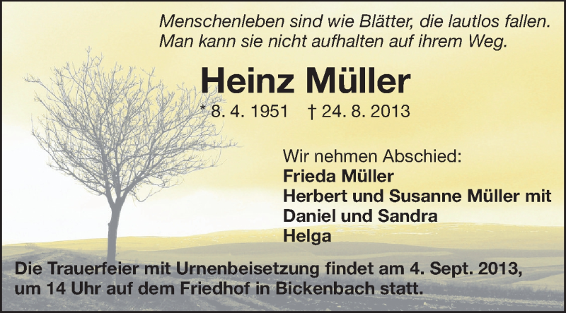  Traueranzeige für Heinz Müller vom 02.09.2013 aus Echo-Zeitungen (Gesamtausgabe)