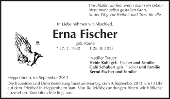 Traueranzeige von Erna Fischer von Starkenburger Echo