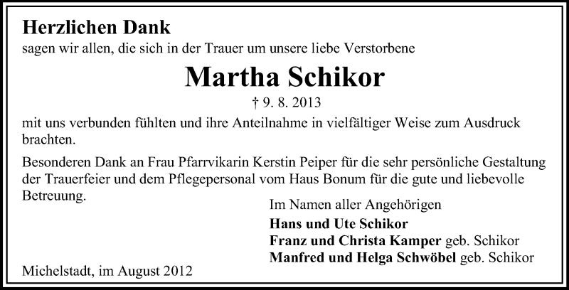  Traueranzeige für Martha Schikor vom 31.08.2013 aus Odenwälder Echo