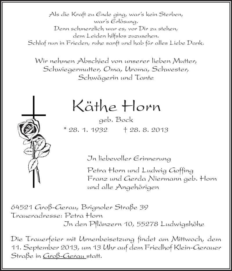  Traueranzeige für Käthe Horn vom 07.09.2013 aus Rüsselsheimer Echo, Groß-Gerauer-Echo, Ried Echo