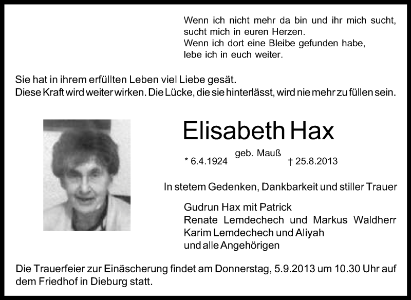  Traueranzeige für Elisabeth Hax vom 31.08.2013 aus Echo-Zeitungen (Gesamtausgabe)