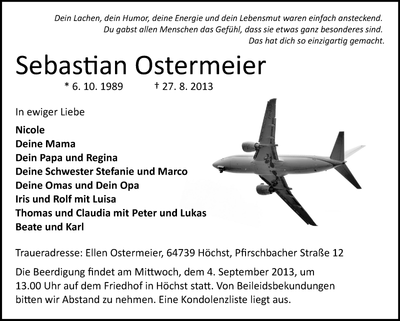  Traueranzeige für Sebastian Ostermeier vom 31.08.2013 aus Odenwälder Echo