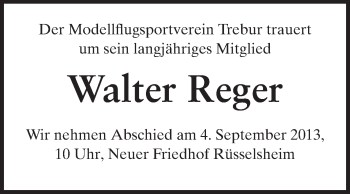 Traueranzeige von Walter Reger  von Rüsselsheimer Echo, Groß-Gerauer-Echo, Ried Echo
