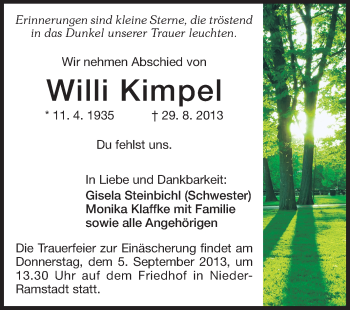 Traueranzeige von Willi Kimpel von Echo-Zeitungen (Gesamtausgabe)