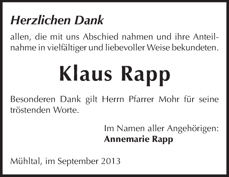  Traueranzeige für Klaus Rapp vom 07.09.2013 aus Echo-Zeitungen (Gesamtausgabe)