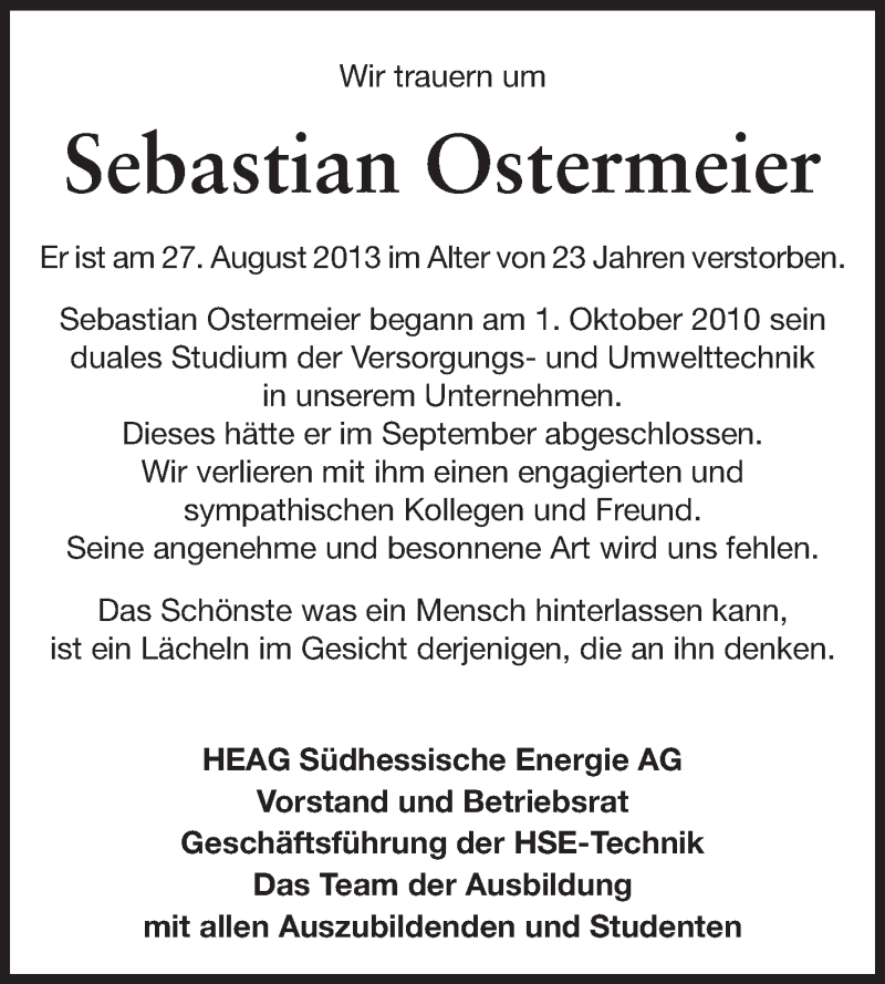  Traueranzeige für Sebastian Ostermeier vom 02.09.2013 aus Echo-Zeitungen (Gesamtausgabe)