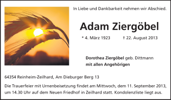 Traueranzeige von Adam Ziergöbel von Echo-Zeitungen (Gesamtausgabe)