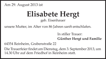 Traueranzeige von Elisabeth Hergt von Echo-Zeitungen (Gesamtausgabe)