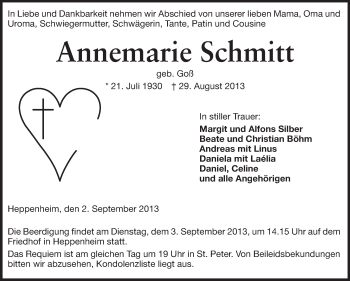 Traueranzeige von Annemarie Schmitt von Starkenburger Echo