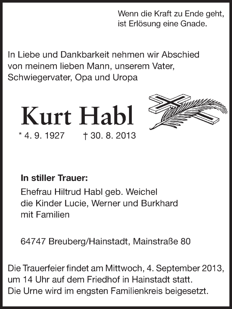  Traueranzeige für Kurt Habl vom 02.09.2013 aus Odenwälder Echo