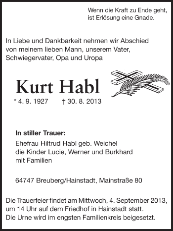 Traueranzeige von Kurt Habl von Odenwälder Echo