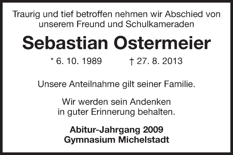  Traueranzeige für Sebastian Ostermeier vom 02.09.2013 aus Odenwälder Echo