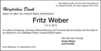 Traueranzeige von Fritz Weber von Echo-Zeitungen (Gesamtausgabe)
