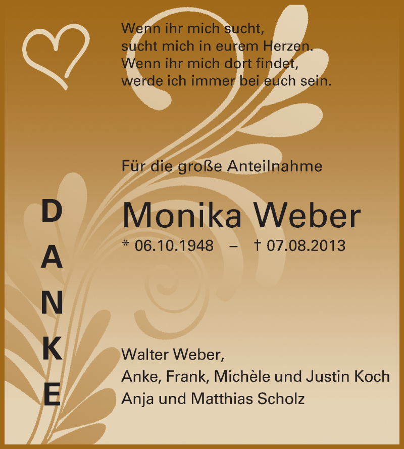  Traueranzeige für Monika Weber vom 07.09.2013 aus Rüsselsheimer Echo, Groß-Gerauer-Echo, Ried Echo