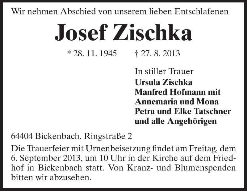  Traueranzeige für Josef Zischka vom 03.09.2013 aus Echo-Zeitungen (Gesamtausgabe)