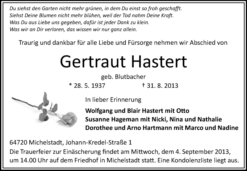  Traueranzeige für Gertraut Hastert vom 03.09.2013 aus Odenwälder Echo