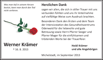 Traueranzeige von Werner Krämer  von Odenwälder Echo