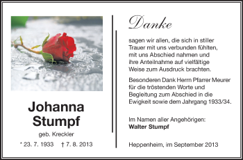 Traueranzeige von Johanna Stumpf von Starkenburger Echo