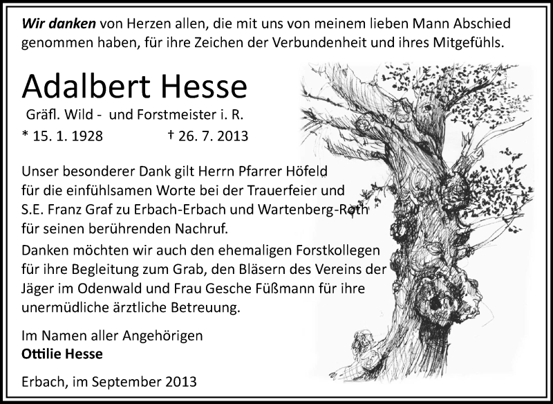  Traueranzeige für Adalbert Hesse vom 07.09.2013 aus Odenwälder Echo