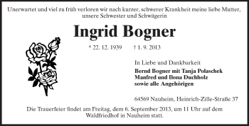 Traueranzeige von Ingrid Bogner von Rüsselsheimer Echo, Groß-Gerauer-Echo, Ried Echo