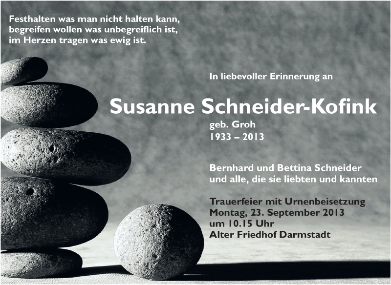  Traueranzeige für Susanne Schneider-Kofink vom 07.09.2013 aus Echo-Zeitungen (Gesamtausgabe)