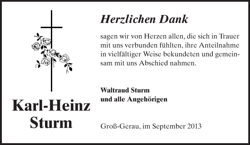  Traueranzeige für Karl-Heinz Sturm vom 07.09.2013 aus Rüsselsheimer Echo, Groß-Gerauer-Echo, Ried Echo