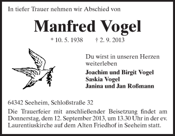 Traueranzeige von Manfred Vogel von Echo-Zeitungen (Gesamtausgabe)