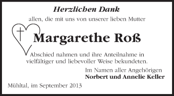 Traueranzeige von Margarethe Roß von Echo-Zeitungen (Gesamtausgabe)
