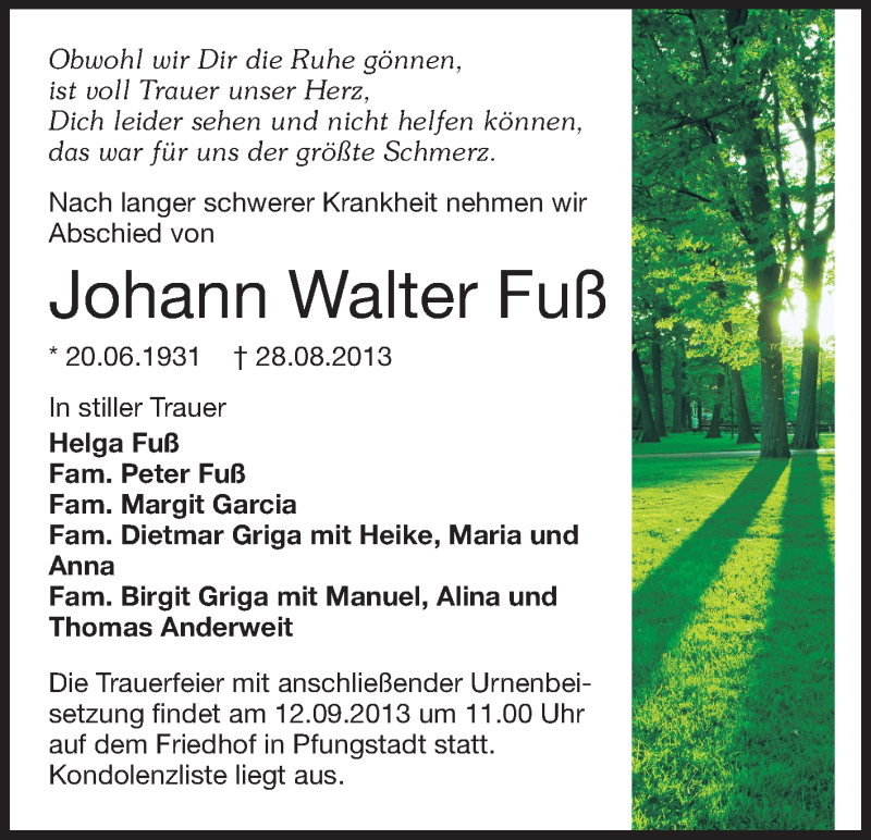  Traueranzeige für Johann Walter Fuß vom 07.09.2013 aus Echo-Zeitungen (Gesamtausgabe)