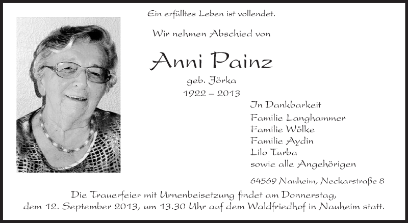  Traueranzeige für Anni Painz vom 10.09.2013 aus Rüsselsheimer Echo, Groß-Gerauer-Echo, Ried Echo