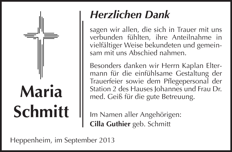  Traueranzeige für Maria Schmitt vom 06.09.2013 aus Starkenburger Echo