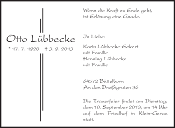 Traueranzeige von Otto Lübbecke von Rüsselsheimer Echo, Groß-Gerauer-Echo, Ried Echo