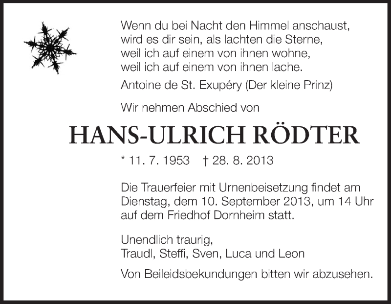  Traueranzeige für Hans-Ulrich Rödter vom 07.09.2013 aus Rüsselsheimer Echo, Groß-Gerauer-Echo, Ried Echo