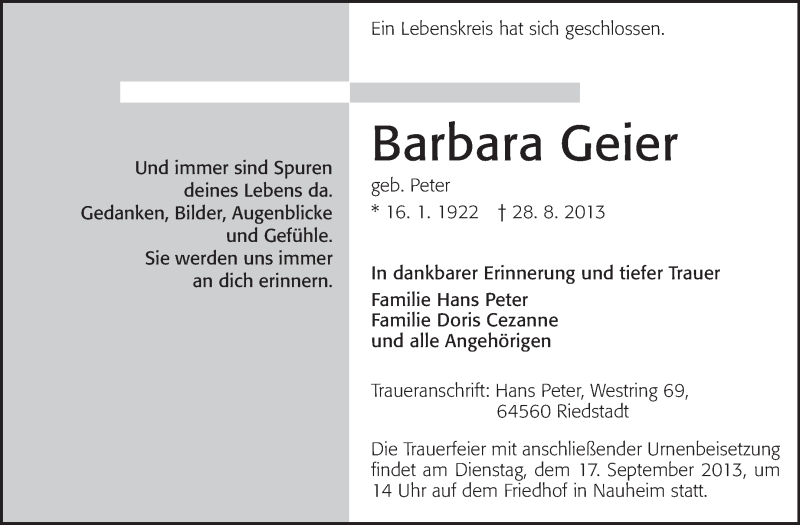  Traueranzeige für Barbara Geier vom 14.09.2013 aus Rüsselsheimer Echo, Groß-Gerauer-Echo, Ried Echo