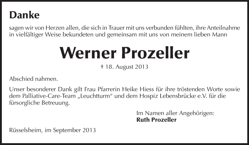  Traueranzeige für Werner Prozeller vom 07.09.2013 aus Rüsselsheimer Echo, Groß-Gerauer-Echo, Ried Echo