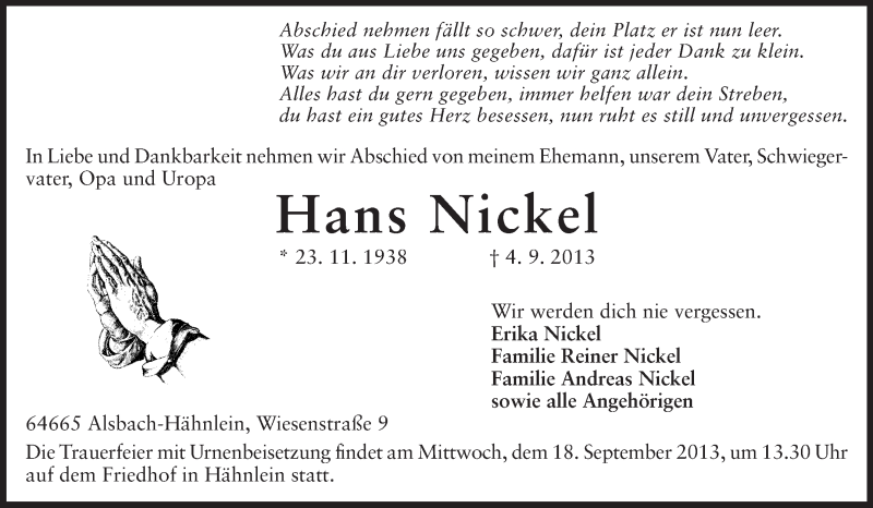 Traueranzeige für Hans Nickel vom 11.09.2013 aus Echo-Zeitungen (Gesamtausgabe)