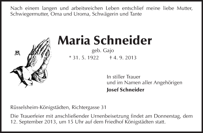  Traueranzeige für Maria Schneider vom 07.09.2013 aus Rüsselsheimer Echo, Groß-Gerauer-Echo, Ried Echo