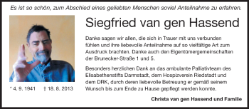 Traueranzeige von Siegfired van gen Hassend von Rüsselsheimer Echo, Groß-Gerauer-Echo, Ried Echo